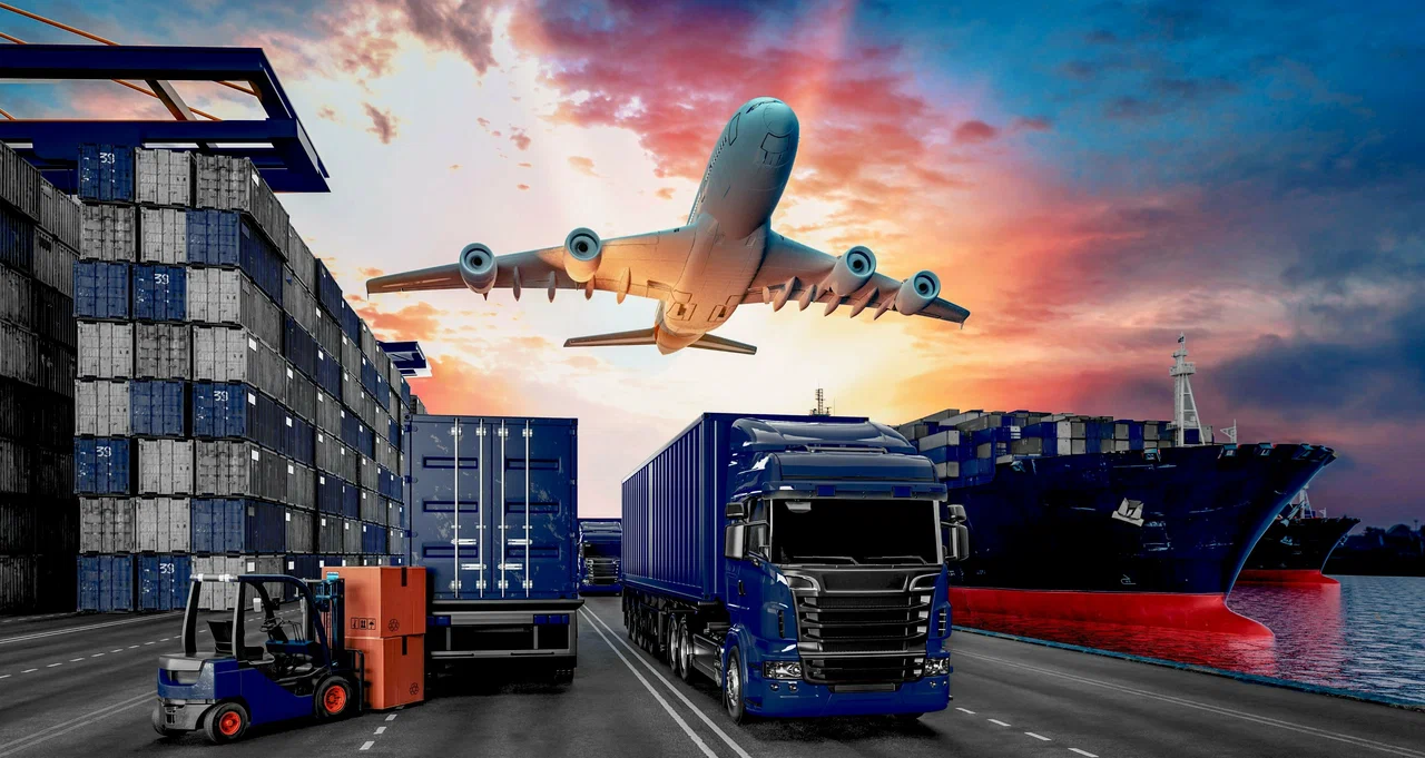 Logistics warehouse with trucks